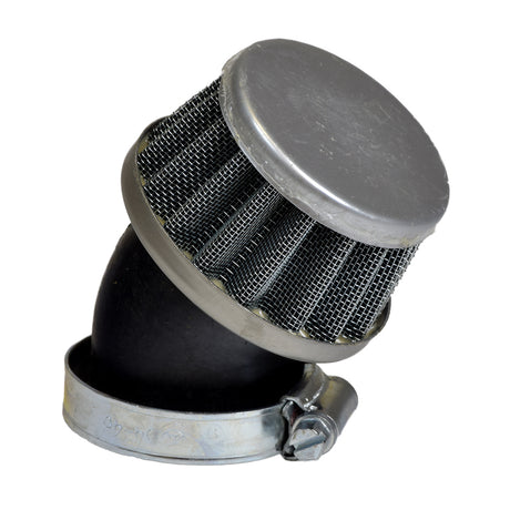 Short 35 mm Air Filter for 49cc, 50cc, 70cc, 90cc, 110cc, & 125cc/150cc ATVs & Dirt Bikes, shown in close-up, highlighting its compact, grey metallic mesh design ideal for tight spaces.