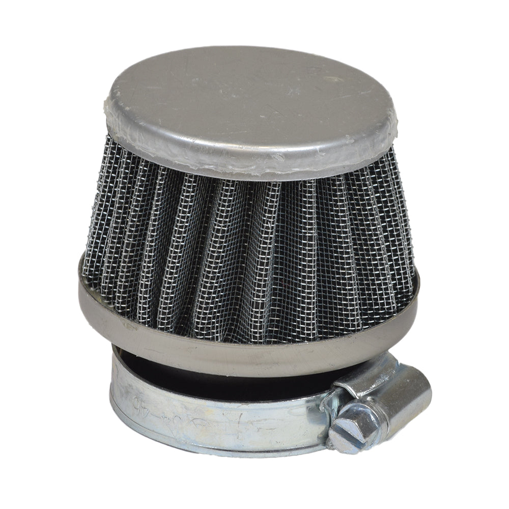 Close-up of the Short 35 mm Air Filter for 49cc, 50cc, 70cc, 90cc, 110cc, & 125cc/150cc ATVs & Dirt Bikes, highlighting its compact design with a metal ring and filter element.