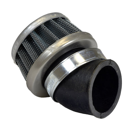 Close-up of the Short 35 mm Air Filter designed for 49cc to 150cc ATVs and dirt bikes, showcasing its compact size and black and silver tube fitting for tight spaces.