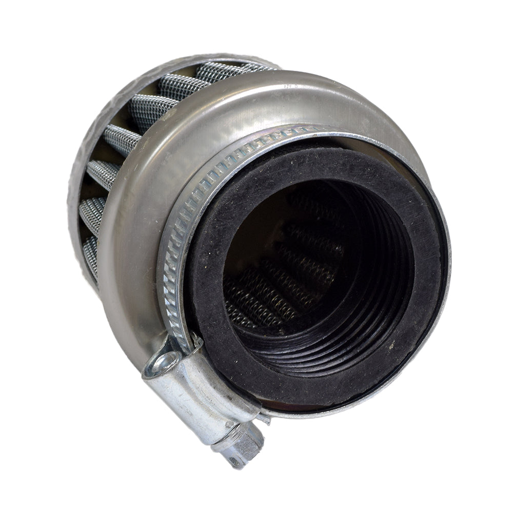 Short 35 mm Air Filter for 49cc-150cc ATVs & Dirt Bikes, featuring a metal part with a black rubber ring, designed for tight spaces in small engine vehicles.