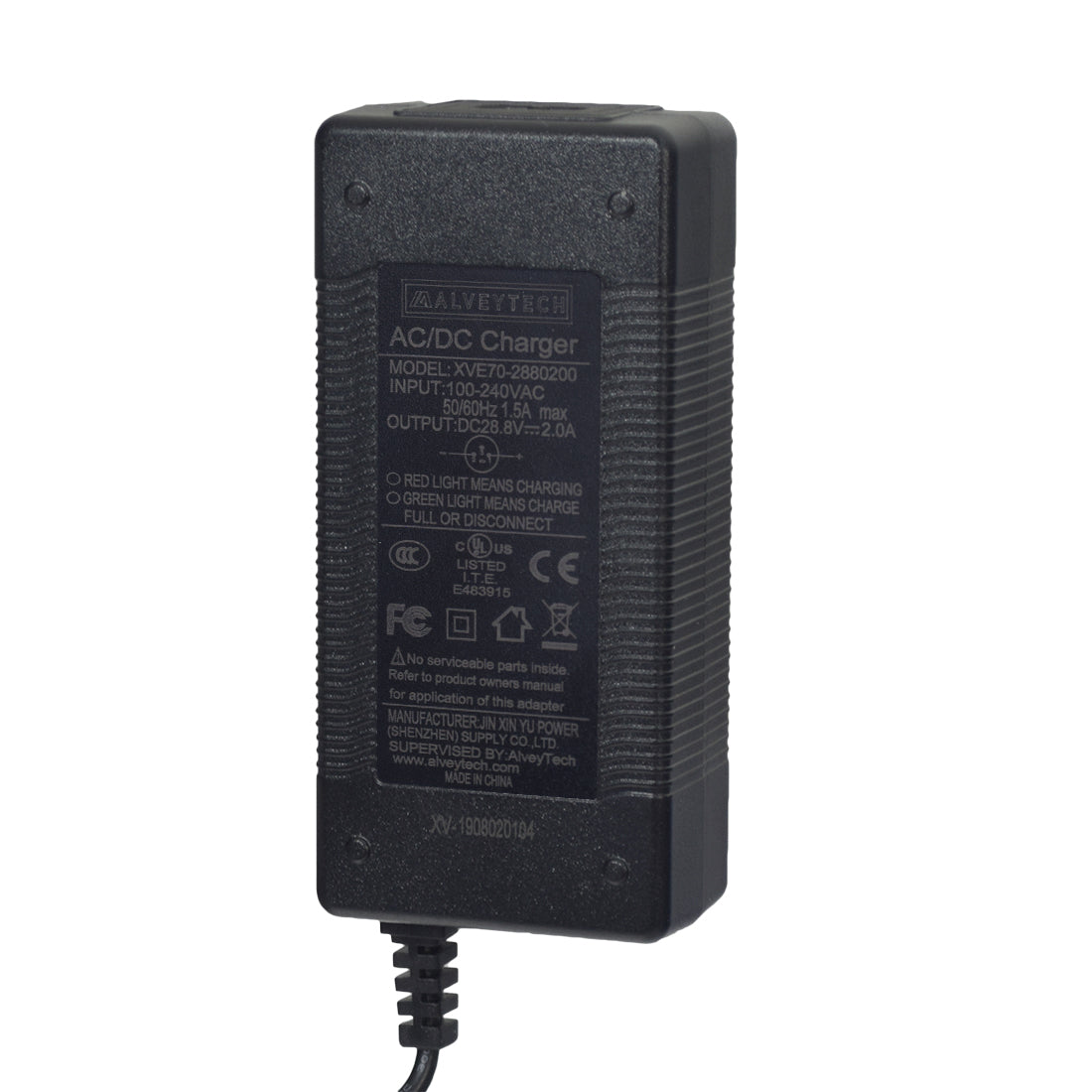 24 Volt 2.0 Amp XLR Offboard Battery Charger for Mobility Scooters & Power Chairs, featuring a black rectangular charger with an attached cord and an LED display for clear battery status.