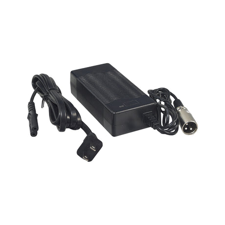 24 Volt 2.0 Amp Battery Charger for Go-Go Mobility Scooters featuring a black power supply with attached wires and an XLR connector plug.