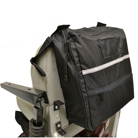 Side Access Seatback Bag for Mobility Scooters, Power Chairs, & Wheelchairs shown mounted on a motorcycle, featuring a white stripe and multiple zippers for easy access to storage compartments.