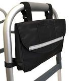 Side Mounted Walker Bag attached to a metal frame, featuring a convenient design with a white stripe, perfect for carrying small personal items like glasses, wallet, and medicines.