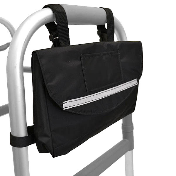 Side Mounted Walker Bag securely fastened to a metal walker frame, designed for carrying essentials like glasses, wallet, and medicines, offering convenience and accessibility for walker users.