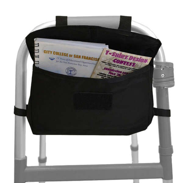 Side Mounted Walker Bag attached to a walker, containing papers. The bag is designed to carry daily necessities like glasses, wallet, and medicines, enhancing convenience for walker users.