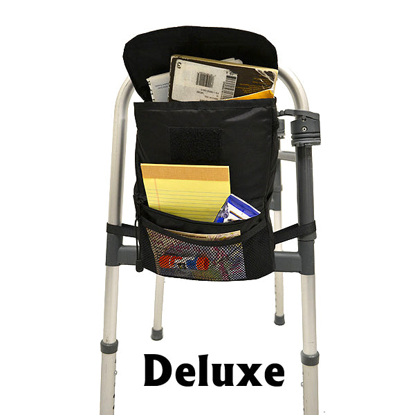 Side Mounted Walker Bag attached to a walker, filled with supplies including a yellow notebook and pad, offering convenient storage for daily necessities like glasses and wallet.