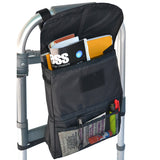 Side Mounted Walker Bag with internal pocket and external pocket containing books and pens, designed to fasten to a walker for carrying small personal items like glasses, wallet, and medicines.