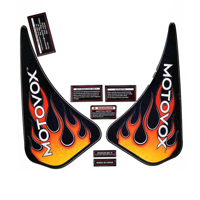 Side Panel Graphics for the Motovox MBX10 Mini Bike, featuring a black and red flame design with white text, including a set of stickers and labels for a refreshed look.