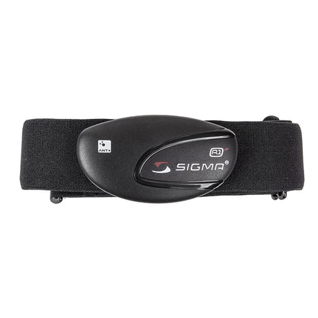 R1 Heart Rate Monitor & Chest Strap with ANT+ Transmitter, showing a close-up of the black headband and oval transmitter, designed for seamless data transmission to compatible devices.