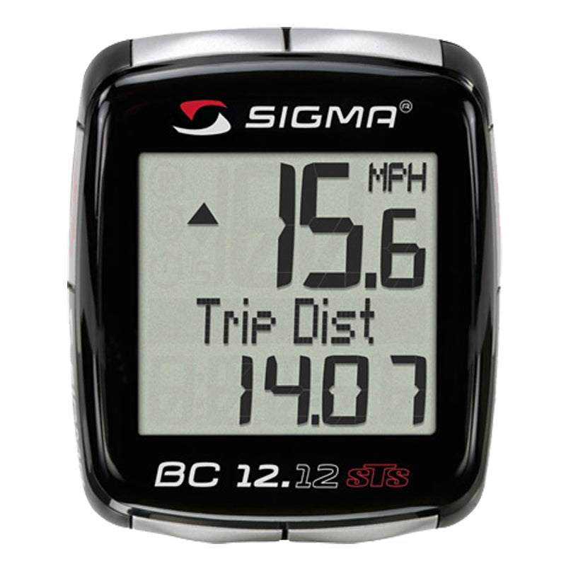 Sigma BC 12.12 STS Wireless Bike Computer, a sleek, black digital device with a screen displaying various metrics like speed and distance, ideal for cyclists seeking a modern, functional bike computer.