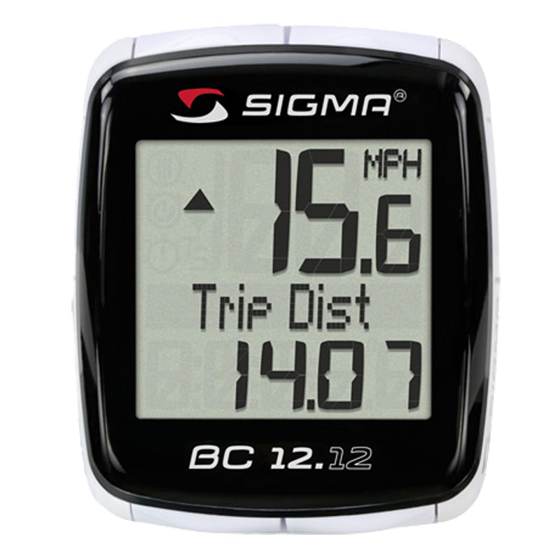 Sigma BC 12.12 Wired Bike Computer with digital display showing speed, encased in a sleek black design. Ideal for commuters, featuring 12 functions including speed, distance, time, temperature, and fuel saving.