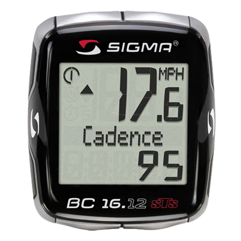 Sigma BC 16.12 STS CAD Wireless Bike Computer, featuring a black and silver design with a digital display showcasing speed and cadence data.