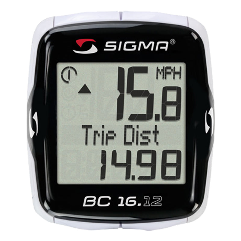 Sigma BC 16.12 STS Wireless Bike Computer, a compact digital device, displays various cycling metrics like speed and cadence on its screen, ideal for tracking performance on one or two bikes.