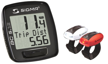 Sigma BC 5.12 Wired Bike Computer with Headlight & Taillight Combination Pack, featuring a digital display speedometer and attached front white LED headlight and rear red LED taillight.