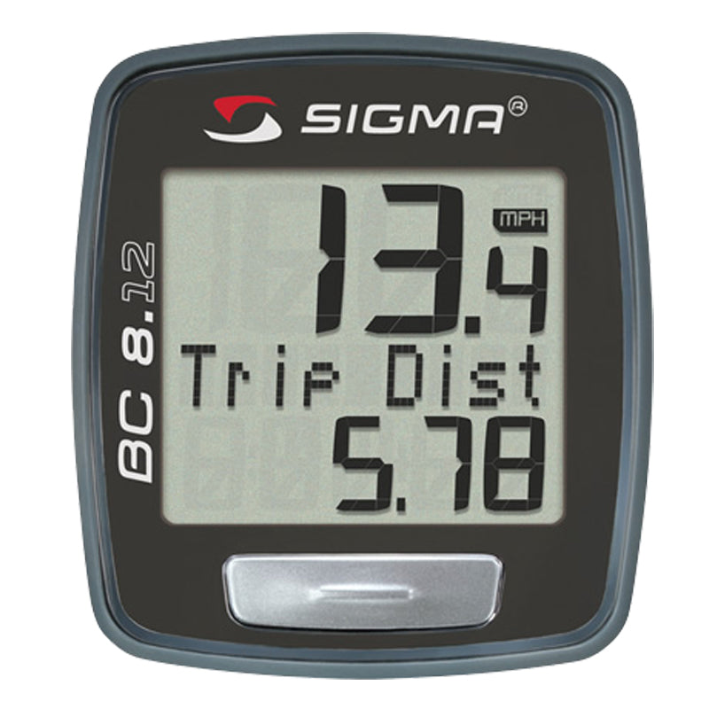 Close-up of the Sigma BC 8.12 Wired Bike Computer, displaying a digital clock and essential bike metrics like current, average, and max speed, trip distance, total distance, and time.