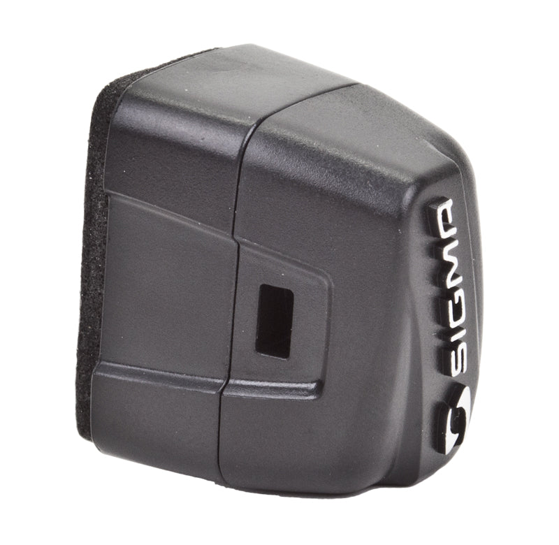 Black plastic Sigma Cadence Magnet for Bike Computers with visible white logo and text. Comes with double-sided tape and zip ties for attachment to crank arms, compatible with various bike computer cadence functions.