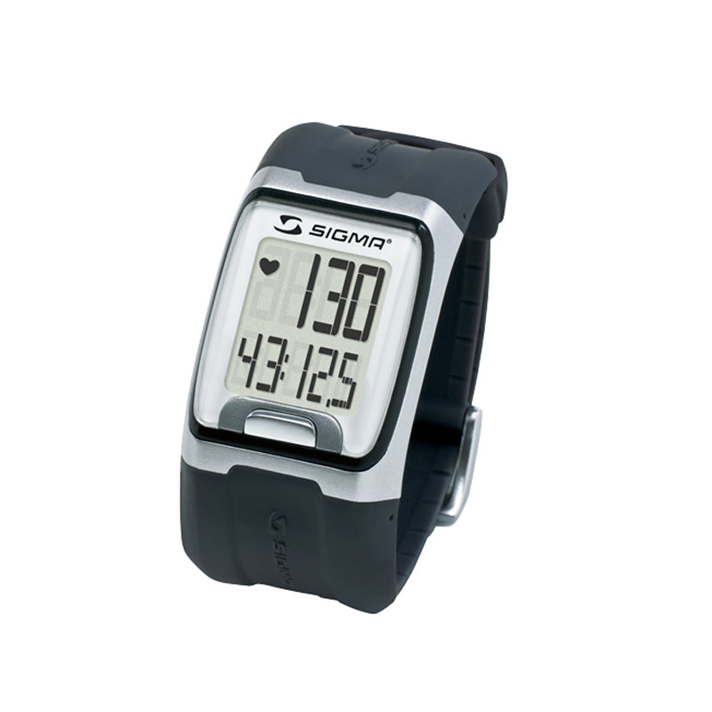 Black and silver Sigma PC 3.11 Heart Rate Monitor watch with a digital screen, featuring a large two-line display for heart rate and training time.