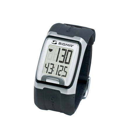 Black and silver Sigma PC 3.11 Heart Rate Monitor watch with a digital screen, featuring a large two-line display for heart rate and training time.