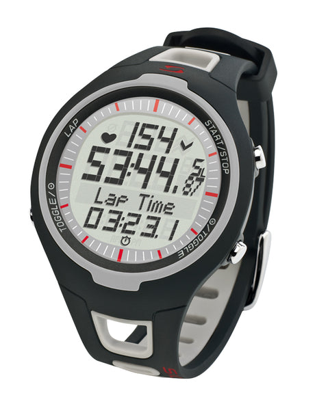 Close-up of the Sigma PC 15.11 Heart Rate Monitor, showcasing its analog watch face and strap, designed for tracking heart rate, calorie count, and training intervals with ease.