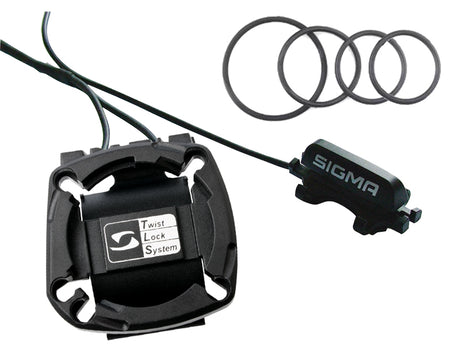 Rear Wheel Wiring Harness for Wired Bike Computers, featuring a black device with a cable and white text, compatible with 2003 and later Sigma bike computers. Ideal for road and mountain bikes.