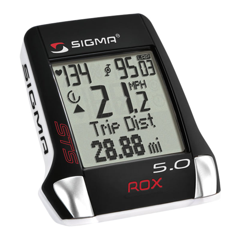 Sigma ROX 5.0 STS Wireless Bike Computer with a screen, featuring a sleek design, ideal for tracking speed, heart rate, and cadence during cycling and running activities.