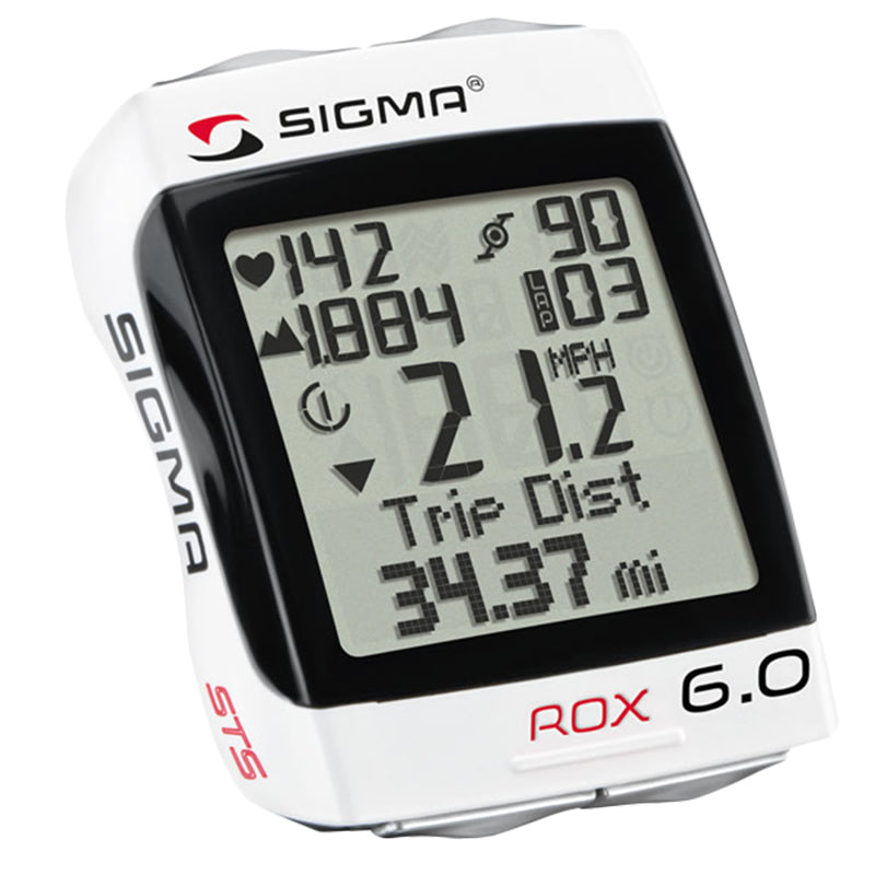 ROX 6.0 CAD Wireless Bike Computer with screen, showing close-up of its digital display and buttons, designed for cyclists with altitude, speed, cadence, and heart rate tracking features.