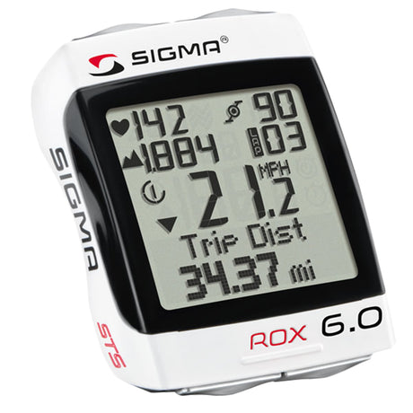 ROX 6.0 CAD Wireless Bike Computer with screen, showing close-up of its digital display and buttons, designed for cyclists with altitude, speed, cadence, and heart rate tracking features.