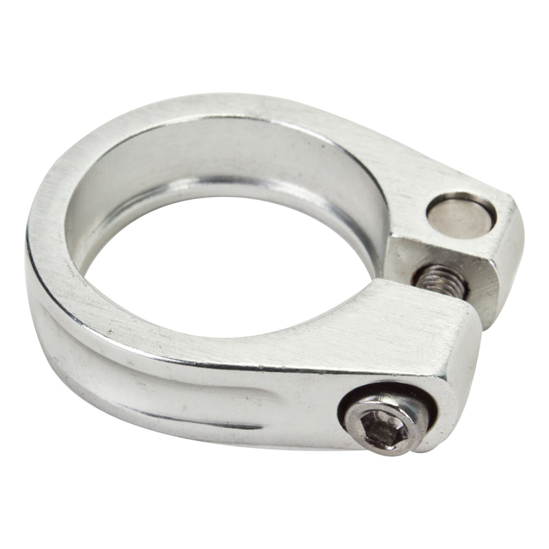 Silver Alloy Seat Clamp for 31.8mm Posts featuring a sleek silver finish, designed with a visible screw mechanism, ideal for enhancing the functionality and style of bikes and scooters.