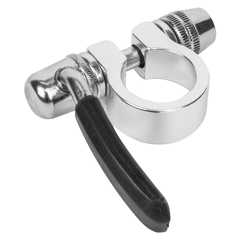 Silver Alloy Seat Clamp with Chromoly Quick Release for 28.6mm Posts featuring a close-up of its black handle and metal construction, ideal for enhancing bike or scooter accessories.