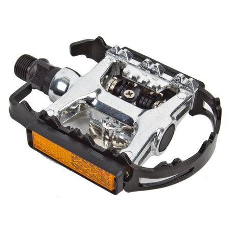 Silver MTB Clipless 9/16 Threaded Pedals featuring a built-in orange reflector, providing visibility and safety for bicycles and scooters.