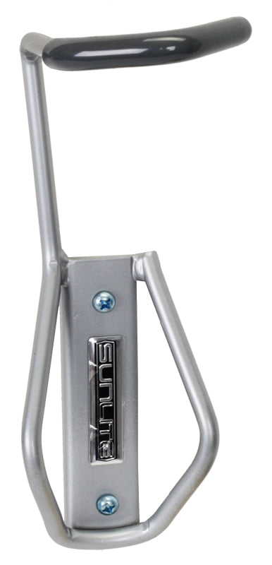 Close-up of the Silver Vertical Storage Rack designed for bikes and scooters, showcasing its sturdy metal frame.