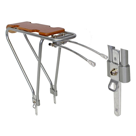 Silver Woody Bike Rack for 700c Wheels by Sunlite, featuring a tubular 6061-T6 alloy frame with a solid wood top, designed to fit various wheel sizes and support up to 50lbs.