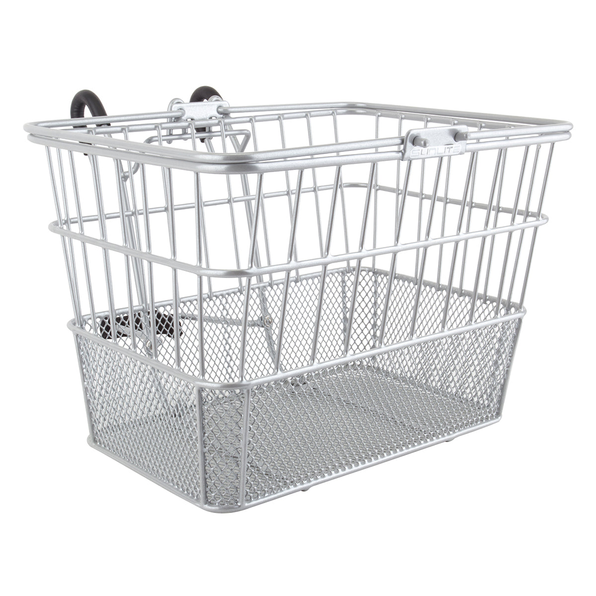 Lift-Off Wire Basket with Mesh Bottom: close-up of a silver metal basket, featuring black handles and a mesh bottom, designed for bikes or scooters.