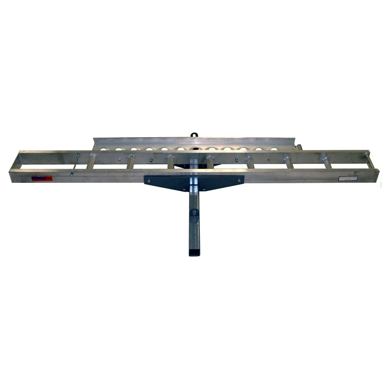 Single Aluminum Dirt Bike & Scooter Carrier: A metal ladder-like structure with a long rail and anti-tilt locking device, suitable for mounting on a Class III hitch receiver. Includes a 49 ramp.