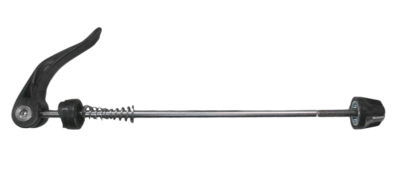 Close-up of the Skewer with Quick Release, featuring a detailed metal rod and screw component, designed for bicycles and scooters from Sunlite.