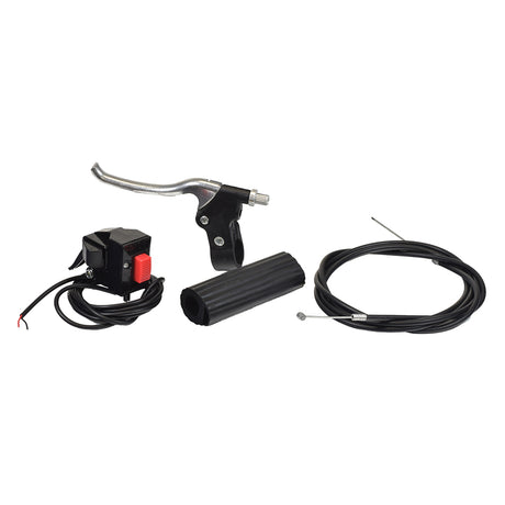 Skateboard Throttle & Brake Control, featuring visible handlebar components including brake lever, brake cable, throttle lever with wiring, grip, and red-button kill switch.