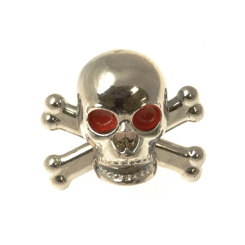 Skull & Bones Valve Stem Cap: A silver skull with red eyes, crafted to replace standard valve caps, adding a striking, edgy look to your scooter's inner tube valve stem.