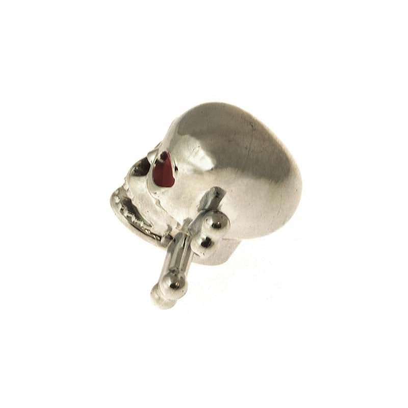 Skull & Bones Valve Stem Cap: Close-up of a silver skull with red eyes, designed as a decorative cap for scooter inner tube valve stems.