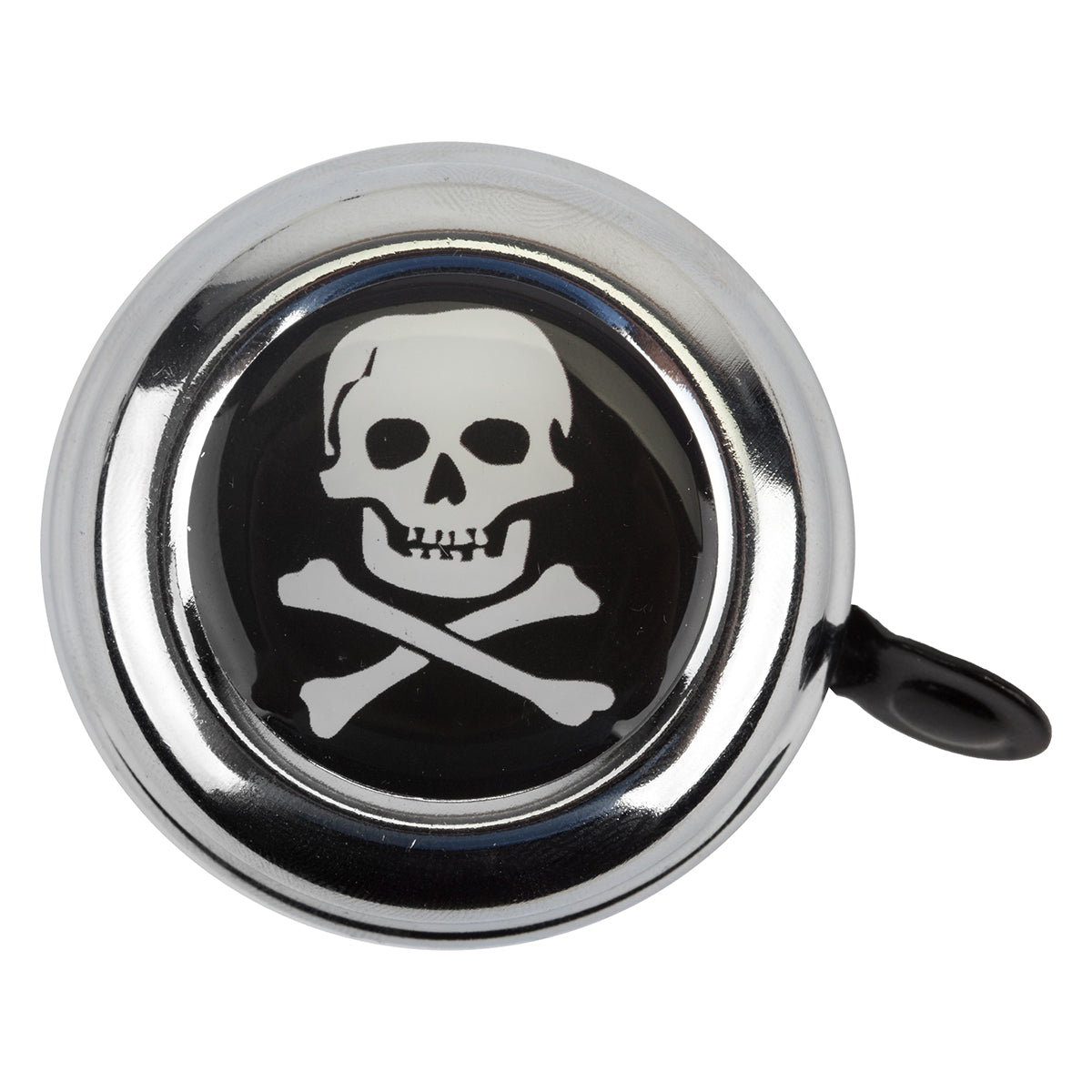 Swell Bell Chrome Bicycle & Scooter Bell featuring a durable metal base and thumb lever, adorned with a skull and crossbones design for a fun and humorous touch.