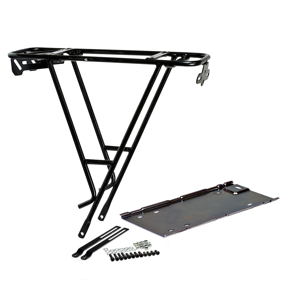 Sliding Type Electric Bike Battery Rack featuring a black metal frame, close-up of a metal plate, black tool, and group of screws and washers. Ideal for 24, 36, or 48 volt systems.