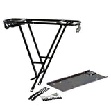 Sliding Type Electric Bike Battery Rack featuring a black metal frame, close-up of a metal plate, black tool, and group of screws and washers. Ideal for 24, 36, or 48 volt systems.