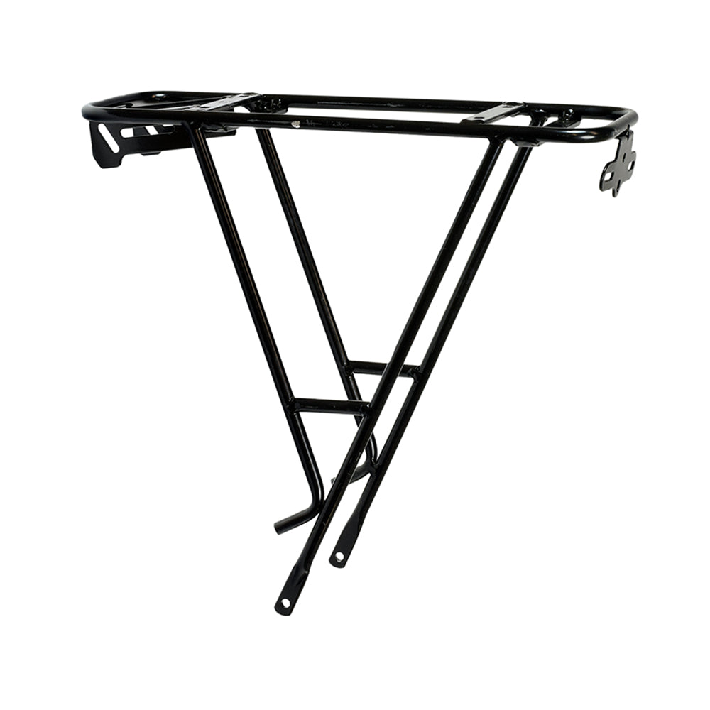 Sliding Type Electric Bike Battery Rack by Golden Motor, featuring a sleek black metal frame with a close-up of sturdy rods, compatible with 24, 36, and 48 volt electric systems.