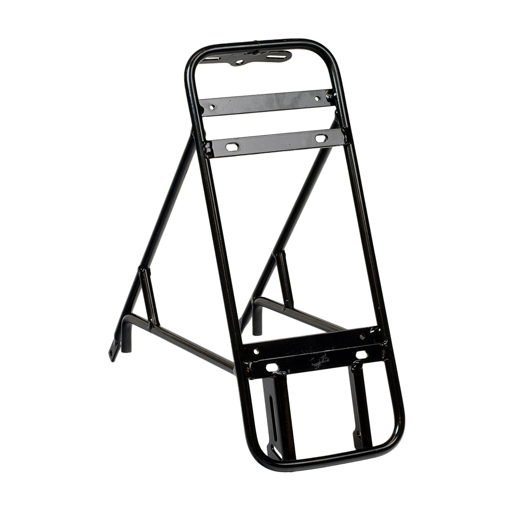 Sliding Type Electric Bike Battery Rack by Golden Motor, featuring a sleek black metal frame. This discontinued model is compatible with 24, 36, or 48 volt electric systems.