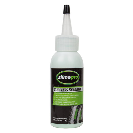 Slimepro Tubeless Sealant - 3 oz Bottle, features a white tubeless sealant in a plastic bottle with a black cap, designed to instantly seal punctures and protect wheels from corrosion.