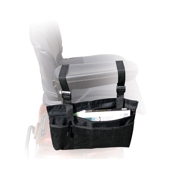 8-1/2 x 9 Small Armrest Pouch for Mobility Scooters with one zippered pocket and one mesh pocket with velcro closure, made of durable, easy-to-clean nylon, designed by Drive Medical.