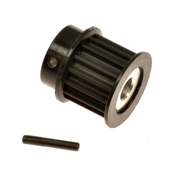 Small Pulley for the PaceSaver Plus II, Plus III, and Passport, featuring a black plastic exterior with a metal core and a central hole, designed for mobility scooter drive belts.