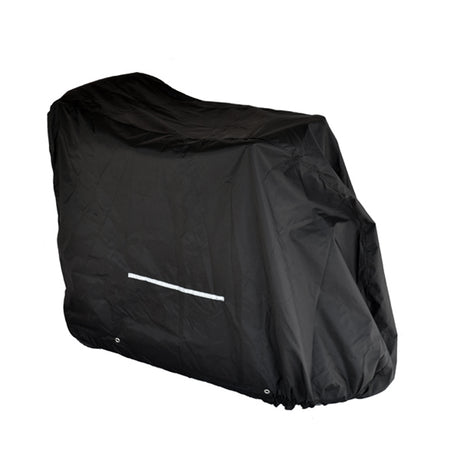 Small Weatherproof Cover for Mobility Scooters shown protecting a scooter with black 400-denier nylon, urethane backing, and reflective strip, securely fastened with elastic and cord lock.