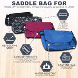 Saddle Bag for Mobility Scooters, Power Chairs, & Wheelchairs: A durable nylon saddle bag with multiple side pockets, zippered front pocket, Velcro fastened top pouch, and reflective safety tape for enhanced visibility.