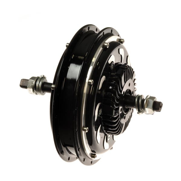 24 Volt 200 Watt - 48 Volt 400 Watt Smart Pie Open Voltage Electric Bike Hub Motor with Internal Controller - Rear Mount, featuring a black and silver circular design with a black rim.